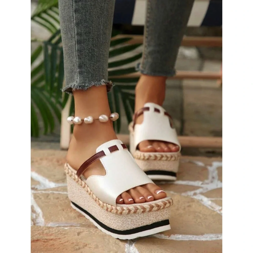 Cream Brown Espadrille Platform Wedge Sandals Mules Size 9 CN 41 Summer Boho